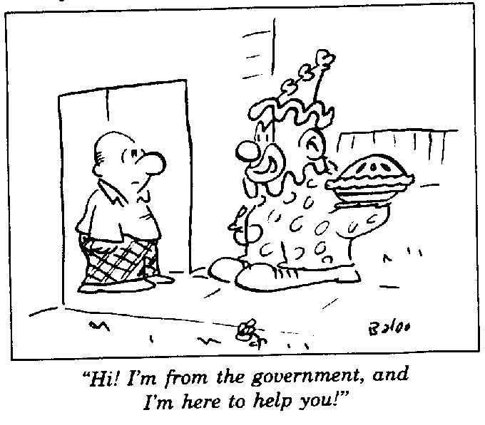 [cartoon of clown who is about to throw a pie into the face
of a man who has just answered his door]